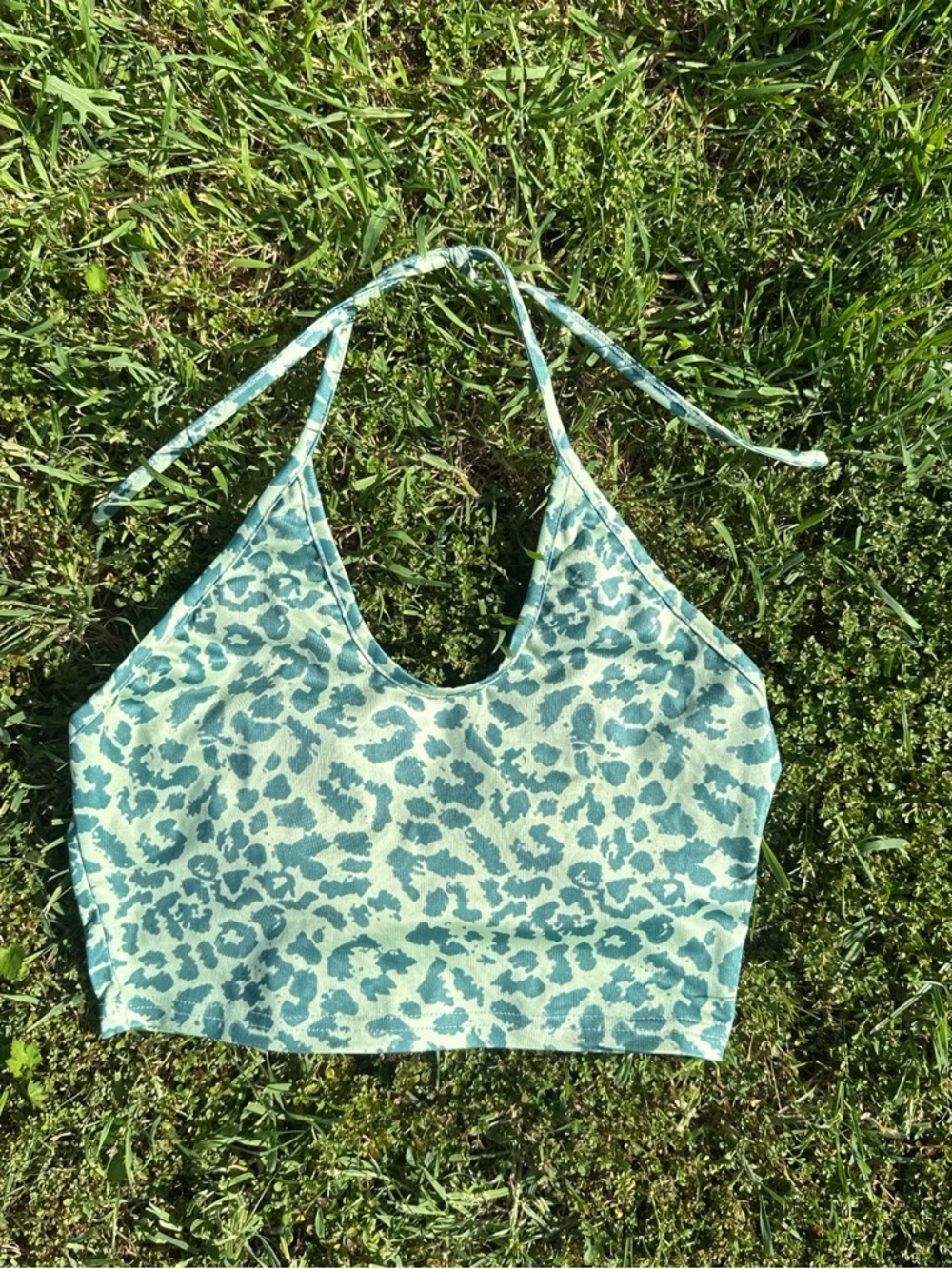 SHEIN Green Animal-Print Halter Crop Top